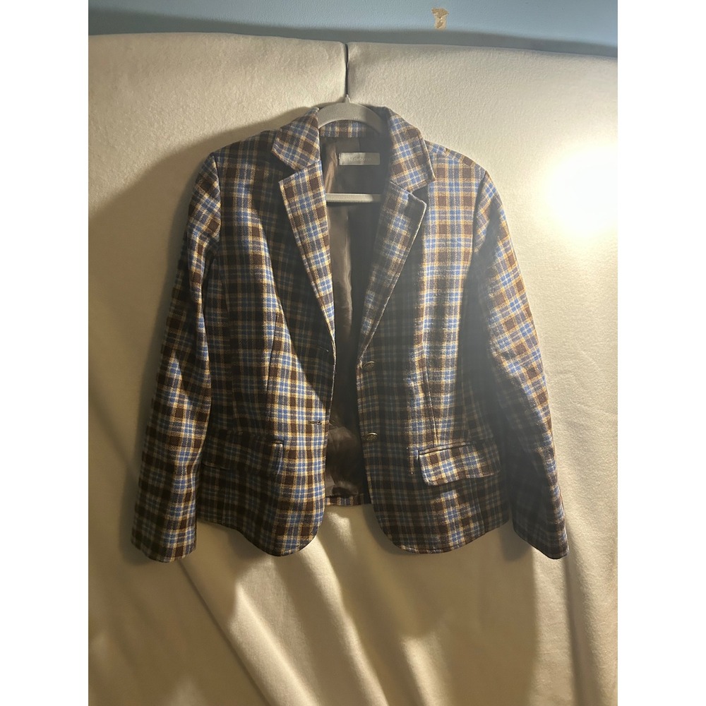 Liz Claiborne Blue Brown Plaid Wool Blend Blazer Jacket Womens